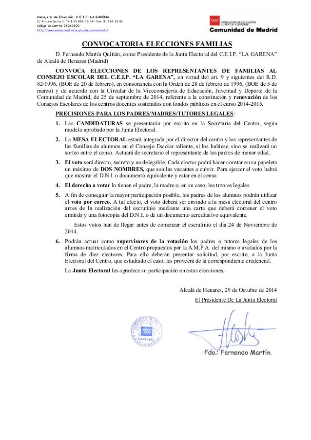Carta información familias elecciones consejo escolar