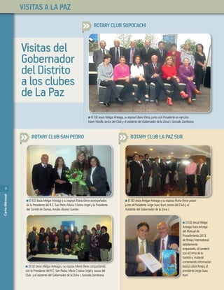 8
CartaMensual
8
CartaMensual
VISITAS A LA PAZ
ROTARYCLUBSOPOCACHI
Visitas del
Gobernador
del Distrito
a los clubes
de La Paz
n El GD Jesús MelgarArteaga, su esposa María Elena, junto a la Presidente en ejercicio
Karen Nicolls, socios del Club y el asistente del Gobernador de la Zona I, Gonzalo Zambrana
ROTARYCLUBSANPEDRO ROTARYCLUBLAPAZSUR
n El GD Jesús MelgarArteaga y su esposa María Elena compartiendo
con la Presidente del R.C. San Pedro, María Cristina Urgel y socios del
Club y el asistente del Gobernador de la Zona I, Gonzalo Zambrana
n El GD Jesús Melgar
Arteaga hace entrega
del Manual de
Procedimiento 2013
de Rotary International
debidamente
empastado, el banderín
con el Lema de la
Gestión y material
conteniendo información
básica sobre Rotary al
presidente Jorge Suxo
Iturri
n El GD Jesús MelgarArteaga y su esposa María Elena acompañados
de la Presidente del R.C. San Pedro María Cristina Urgel y la Presidente
del Comité de Damas,Amalia Álvarez Gantier.
n El GD Jesús MelgarArteaga y su esposa María Elena posan
junto al Presidente Jorge Suxo Iturri, socios del Club y el
Asistente del Gobernador de la Zona I.
El GD Jesús MelgarArteaga y su esposa María Elena acompañados El GD Jesús MelgarArteaga y su esposa María Elena posan
El GD Jesús MelgarArteaga y su esposa María Elena compartiendo
 
