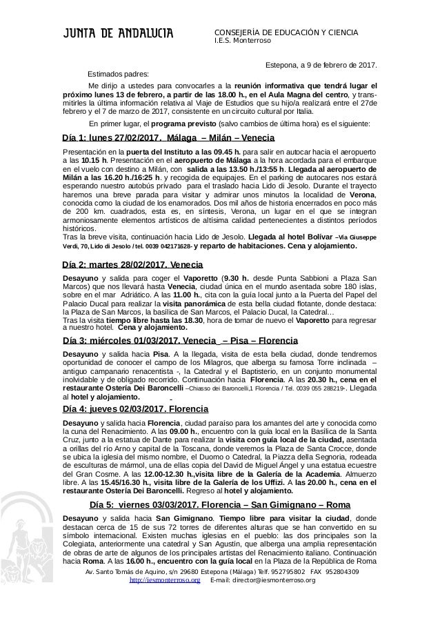 Carta informativa padres viaje 2º Bachillerato con Carta informativa padres viaje 2º Bachillerato con