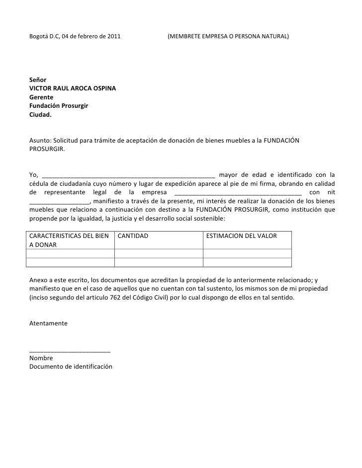 Carta intención donación bienes Carta intención donación bienes