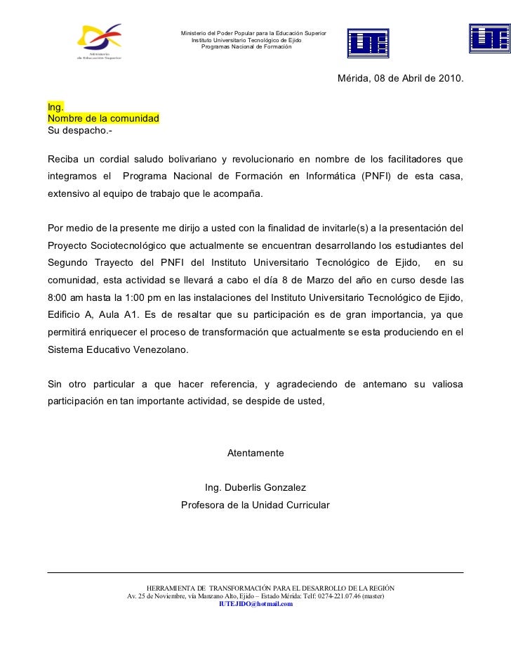 Carta invitación a participar en proyecto