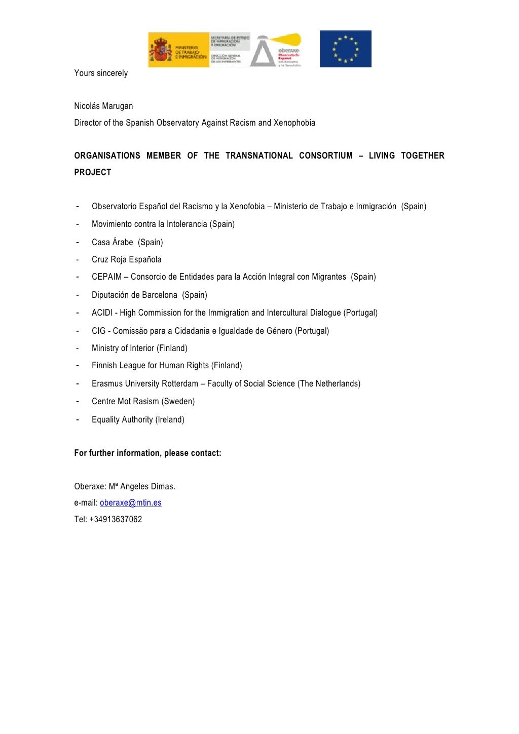 Carta invitación en inglés para participar en la Red `Living Together…