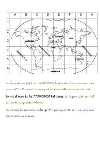 La Xina té un total de 1.400.050.000 habitants. Quin número més
gran, oi? Es llegeix així: mil quatre-cents milions cinquanta mil.
En tot el món hi ha 7.750.000.000 habitants. És llegeix així: set mil
set-cents cinquanta milions
La veritat és que som molta gent! I que diferents som els uns dels
altres, això és divertit!
A B C D E F G H
1
2
3
4
5
6
 