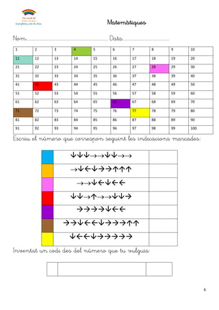 6
Matemàtiques
Nom........................................................................... Data...........................................
Escriu el número que correspon seguint les indicacions marcades:







Inventat un codi des del número que tu vulguis:
1 2 3 4 5 6 7 8 9 10
11 12 13 14 15 16 17 18 19 20
21 22 23 24 25 26 27 28 29 30
31 32 33 34 35 36 37 38 39 40
41 42 43 44 45 46 47 48 49 50
51 52 53 54 55 56 57 58 59 60
61 62 63 64 65 66 67 68 69 70
71 72 73 74 75 76 77 78 79 80
81 82 83 84 85 86 87 88 89 90
91 92 93 94 95 96 97 98 99 100
 