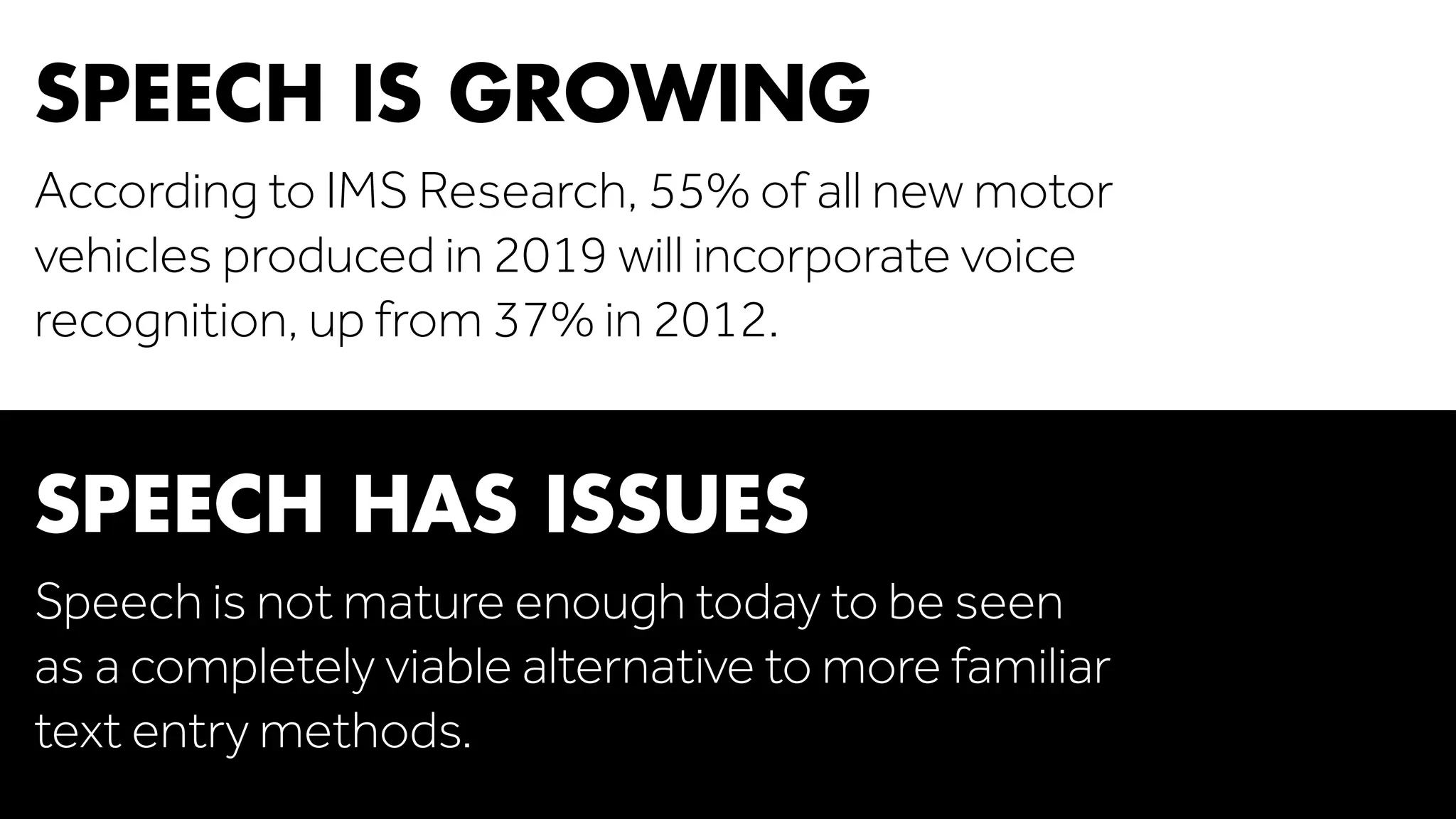 SPEECH IS GROWING 
According to IMS Research, 55% of all new motor 
vehicles produced in 2019 will incorporate voice 
recognition, up from 37% in 2012. 
SPEECH HAS ISSUES 
Speech is not mature enough today to be seen 
as a completely viable alternative to more familiar 
text entry methods. 
 