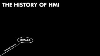 THE HISTORY OF HMI 
Analog 
digital 
web 
phone 
tablet 
TV 
gaming 
consoles 
automotive hmi 
 