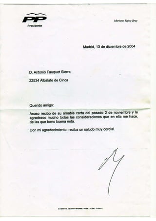 Carta Mariano Rajoy a Antonio Fauquet Sierra