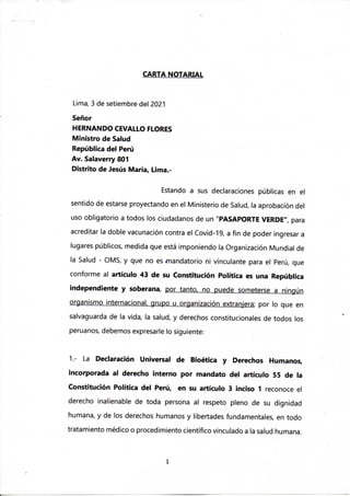 Carta notarial ministro salud Perú