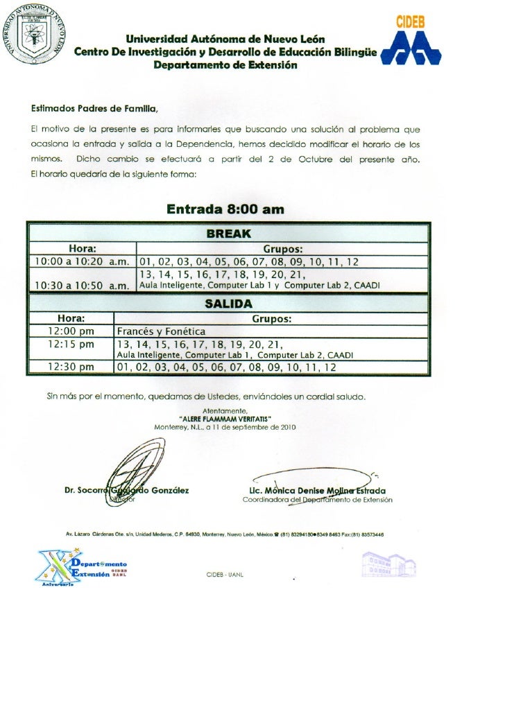 Carta nuevo horario