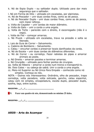 k. Nó de Espia Duplo – ou saltiador duplo. Utilizado para dar mais
           segurança que o saltiador.
l. Nó em Forma de Oito – utilizado em escaladas, por alpinistas.
m. Nó de Pescador – unir duas cordas finas, como as de pesca.
n. Nó de Pescador Duplo - unir duas cordas finas, como as de pesca,
           com maior reforço.
o. Volta do Caçador – unir cordas de maior diâmetro.
p. Volta do Gato – unir a corda a uma argola.
q. Volta do Torto – parecido com o direito, é escorregadio (não é o
           cego).
r. Volta de Fiel – começar amarras.
s. Nó Prusik – utilizado em escaladas, trava na pressão e solta se
           liberado.
t. Lais de Guia de Correr – Salvamento.
u. Cadeira de Bombeiro – Salvamento.
v. Catau – encurtar cordas e preservar locais danificados da corda.
w. Nó de Escota – unir duas cordas de diâmetros diferentes.
x. Nó de Correr – ou corrediço. Fazer rabiolas de pipas e amarrar
           animais ao poste.
y. Nó Direito – amarrar pacotes e terminar amarras.
z. Nó Cirurgião – utilizado para fechar pontos de cirurgias.
aa. Volta de Ribeira – amarrar a corda num tronco e transportá-lo.
bb. Dois Cotes – ou cabeça de sabiá. Unir a corda a uma argola.
cc. Meio-nó Superior ou Nó Único Para Empate – conhecido como nó
       simples. Começa os nós.
NOTA – Outros nós interessantes: Ordinário, olho de pescador, trapa
corrediça, volta paradora, volta esticada, gancho, catau espanhol,
catau com nó simples, encapeladura, escota duplo, pescador duplo,
azelha, laço, entre outros.

REGISTRO: __/__/__ _______________________


D 9.   Fazer um quadro de nós, demonstrando no mínimo 25 deles.


REGISTRO: __/__/__ _______________________




AR09 - Arte de Acampar
                                     20
 