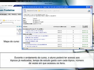 Mapa do curso Durante o andamento do curso, o aluno poderá ter acesso aos tópicos já realizados, tempo de estudo gasto com cada tópico, número de vezes em que acessou os itens. 