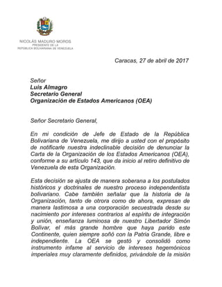 Carta oficial del retiro de Venezuela en la OEA
