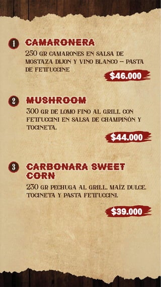 1
CaRBONaRa SWEET
CORN
CaRBONaRa SWEET
CORN
230 gr pechuga al grill, maíz dulce.
 