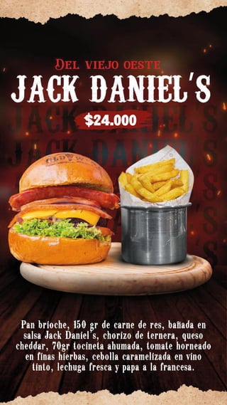 Pan brioche, 150 gr carne res apanada y
rellena de queso cheddar americano, queso
gouda ahumado, 70 gr de tocineta ahumada,
aros de cebolla, vegetales frescos y papa a
la francesa.
$27.000
 