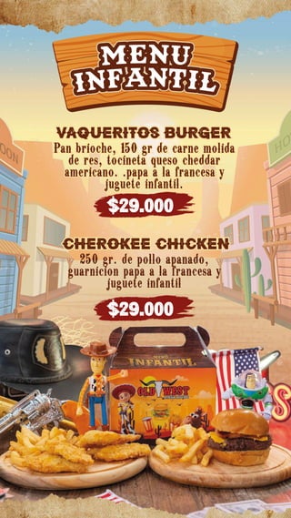 $34.000
250 gr de dip de pechuga de pollo, 70 gr de
tocineta ahumada, jamón de pierna, 2 lonjas
queso cheddar americano, 1 huevo frito y
papa a la francesa.
 