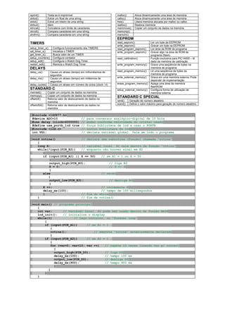 isprint()
strtod()
strtol()
strtoul()
strncat()
strcoll()
strxfrm()

Testa se é imprimível
Extrai um float de uma string
Extrai um inteiro de uma string
Idem
Concatena com limite de caracteres
Compara caracteres em uma string
Compara caracteres em uma string

malloc()
calloc()
free()
realloc()
memmove()
memcmp()
memchr()

Aloca dinamicamente uma área de memória
Aloca dinamicamente uma área de memória
Libera memória alocada por malloc ou calloc
Realoca memória
Copiar um conjunto de dados na memória

EEPROM
TIMERS
setup_timer_x()
set_timer_x()
get_timer_x()
setup_counters()
setup_wdt()
restart_wdt()

Configura funcionamento dos TIMERS
Inicializa o TIMER
Busca valor de um TIMER
Configura contador
Configura o Watch Dog Timer
Reinicia o Watch Dog Timer

DELAYS
delay_us()
delay_ms()
delay_cycles()

Causa um atraso (tempo) em milhonésimos de
segundos
Causa um atraso (tempo) em milésimos de
segundos
Causa um atraso em número de ciclos (clock / 4)

read_eeprom()
write_eeprom()
read_program_eeprom()
write_program_eeprom()
read_calibration()
write_program_memory()
read_program_memory()
write_external_memory()
erase_program_memory()

Ler um byte da EEPROM
Gravar um byte na EEPROM
Ler área da ROM de programa
Gravar algo na área de ROM de
programa (flash)
Função exclusiva para PIC14000 – lê
dado da memória de calibração
Grava uma seqüência de bytes na
memória de programa
Lê uma seqüência de bytes da
memória de programa
Grava em uma memória externa. Pode
depender de implementação.
Apaga uma área da memória
flashROM
Configura forma de utilização de
memória externa.

STANDARD C

setup_external_memory()

memset()
memcpy()
offsetof()

STANDARD C SPECIAL

offsetofbit()

Copiar um conjunto de dados na memória
Copiar um conjunto de dados na memória
Retorna valor de deslocamento de dados na
memória
Retorna valor de deslocamento de dados na
memóira

#include <16f877.h>
#device ADC=10
#use delay (clock=4000000)
#define use_portb_lcd true
#include <lcd.c>
int VG1;

//
//
//
//
//

rand()
srand()

Geração de número aleatório
Define o valor máximo para geração de número aleatório

para conversor analógico-digital de 10 bits
mudar conforme velocidade do cristal usado
força biblioteca de lcd a usar o PORTB
inclui biblioteca do lcd
declara variável global. Vale em todo o programa

void rotina()
// declara uma subrotina (função) chamada “rotina”
{
long X;
// variável local. Só vale dentro da função “rotina”
while(!input(PIN_E2))
// enquanto não houver sinal em E2 ...
{
if (input(PIN_A1) || X == 50)
// se A1 = 1 ou X = 50 …
{
output_high(PIN_B3);
// liga B3
X = 0;
// X <- 0
}
else
// senão
{
output_low(PIN_B3);
// desliga B3
}
X ++;
// incrementa X
delay_ms(100);
// tempo de 100 milisegundos
}
// fim do while
}
// fim da rotina()
void main() // programa principal
{
int var;
// variável local. Só pode ser usado dentro da função MAIN
lcd_init();
// inicializa o display
while(1)
// laço infinito, ou “forever loop”
{
if (input(PIN_A1))
// se A1 = 1 …
{
rotina();
// executa “rotina” anteriormente declarada
}
if (input(PIN_A2))
// se A2 = 1 …
{
for (var=0; var<10; var ++)
// repete 10 vezes (usando var p/ contar)
{
output_high(PIN_D0);
// liga D0
delay_ms(100);
// tempo 100 ms
output_low(PIN_D0);
// desliga D0
delay_ms(900);
// tempo 900 ms
}
}
}
}

 