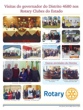 Visitas do governador do Distrito 4680 nos
Rotary Clubes do Estado

8 de outubro - RC de Taquari

3 de outubro - RC de Pelotas - Centenário

16 de outubro - RC de Tapes

22 de outubro - RC de Rio Grande - Cassino

15 de outubro - RC de São Jerônimo

9 de outubro - RC de São Lourenço do Sul

16 de outubro - RC de Charqueadas

22 de outubro - Casa da Amizade Rio Grande

23 de outubro - RC Chuí – Portal do Brasil

Outras atividades do Distrito

4 de outubro - Reunião do Colégio
de Governador
24 de outubro - RC de Santa Vitoria do Palmar

27 de outubro - RC de Pelotas - Oeste

04

29 de outubro - RC de Pedro Osório

5 de outubro - Treinamento Distrital da
Fundação Rotária Distrito 4680

 
