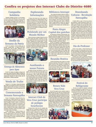 Confira os projetos dos Interact Clubs do Distrito 4680
Campanha
Solidária
Campanha realizada nos dias 4 e 5 de setembro,
na sede do Interact Club Eldorado do Sul, para ajudar
aos que tiveram perdas na enchente em Eldorado. Todos os agasalhos arrecadados foram levados para os
bombeiros voluntários de Eldorado do Sul no dia 30 de
setembro para serem distribuídos.

Explorando
Informações
O Interact Club Santa Cruz do Sul realizou um
projeto internacional com o Bostanli Rotaract Club. O
projeto é um boletim feito em comemoração aos 500
anos de um mapa turco. O clube pediu para todos os
participantes mandassem uma foto e um breve texto
sobre algum explorador do seu país, para ser feito o
boletim. Além de participar do boletim, o Interact Club
Santa Cruz do Sul recebeu um certificado de participação e agradecimento.

Biblioteca Interagir
Com o intuito de incentivar a leitura as crianças, o
Interact Club Santa Cruz do Sul está com o projeto de
estruturar uma biblioteca no Centro Marista de Santa
Cruz do Sul. O clube já conseguiu em torno de 500
livros de doações e está em processo de aprovação
pelo Centro Marista para poder realizar a biblioteca
infantil. O projeto também irá contar com o apoio de
todas as doações do concurso “Clube mais solidário”,
pois todos os livros doados serão revertidos para a
biblioteca.

Porto Alegre
Pedalando por um Capital dos gaúchos
No treinamento de Diretor de Internacionais, receMundo Melhor
bido pela companheira Luiza Eisenhardt, na Assembleia

Desfile da
Semana da Patria
No dia 7 de setembro o Interact desfilou pela rua
principal - Andrade Neves - da cidade de Rio Pardo,
representando o Club da cidade. “Desfilamos com o
Rotaract da cidade, divulgando assim os dois clubs e
mostrando o nosso amor à pátria”.

Tendo em vista que na cidade de Santa Cruz do Sul
há poucos lugares para deixar a bicicletas com segurança, o Interact Club Santa Cruz do Sul coloca em ação
o projeto “Pedalando por um Mundo Melhor”. O projeto, que vem de uma parceria entre o Interact Club Santa
Cruz do Sul e o Rotaract Club Santa Cruz do Sul, consiste
em colocar bicicletários na cidade, para incentivar o uso
da bicicleta. O plano já foi apresentado e aprovado pela
prefeitura, esperando apenas a confirmação.

Distrital de Interact Club (ADIC), em Rio Pardo, nos dias
5 e 6 de abril, o Interact Club Santa Cruz do Sul recebeu
o tema “Porto Alegre, a capital dos gaúchos” para a
realização do projeto “Desenhando Culturas”.
No dia 27 de setembro, as companheiras Luiza Eisenhardt (responsável pelo projeto), Gabriela Petersen
Coimbra, Taniara Veleda e Gabriela Guerra foram à escola Goiás de Santa Cruz do Sul para realizar uma etapa
do projeto. As interactianas explicaram aos alunos da
7ª série sobre o Interact, sobre o projeto “Desenhando
Culturas” e mostraram imagens de Porto Alegre. Após
isso, os alunos produziram desenhos sobre Porto Alegre. O projeto está em etapa final, pois o clube pretende ir à outra escola e ainda precisa da confirmação da
parceria internacional.

Reunião Festiva
Entrega de Alimentos
para Apae
No dia 5 de outubro, foi realizada a entrega de alimentos para a Apae de Rio Pardo. Objetivo era ajudar eles
com as refeições do dia-dia para seus alunos. Na entrega
compareceram integrantes do clube da cidade, além de
Helena Mendes, a rotariana responsável.

Venda de Trufas

Auxiliando o
nosso Futuro
Com planos de firmar uma parceria, no dia 31 de
agosto o Interact Club Santa Cruz do Sul visitou os jovens, de 12 a 16 anos, da Casa Espírita Chico Xavier
para apresentar o clube e realizar uma parceria projetos com a instituição. No dia da visita, a Casa Espírita e
clube decidiram realizar uma arrecadação de alimentos
para o Asilo ASAN de Santa Cruz do Sul. O projeto já
está em andamento, porém o clube ainda não conseguiu aprovação de nenhum mercado para utilizar a fachada para a arrecadação.

Nos dias 12 e 13 de outubro, o Interact Club Venâncio
Aires realizou uma campanha de venda de trufas junto ao
Dindinho especial de Dia das Crianças. Na oportunidade
também foram pintados os rostos das crianças que por ali
passavam.

Comemorando a
Semana Farroupilha
No dia 17 de Setembro, o Interact Club Vera Cruz,
em parceria com o Rotary Club Vera Cruz, realizou na
praça José Bonifácio um projeto em comemoração à Semana Farroupilha. Durante a manhã, os interactianos
auxiliaram o Rotary no preparo de um churrasco, e na
limpeza das louças do almoço. Já no período da tarde,
foram ministradas palestras sobre a cultura gaúcha e
sobre os símbolos de nosso estado, realizada a venda
de lanches, brincadeiras e pintura nos rostos de crianças de duas escolas do município.
À noite, realizou-se a “1ª Tertúlia do Rotary e do
Interact”, na qual rotarianos, interactianos e pessoas
da comunidade subiram ao palco para cantar músicas
típicas do Rio Grande do Sul e declamar poesias. Foi
servido também um carreteiro, preparado pelo Rotary
Club, com o auxílio do Interact.

O Interact Club Venâncio Aires realizou sua reunião
ordinária na sexta-feira, 20 de setembro, em que o presidente Franciel da Silva entregou ao conselheiro do
ICVA (Luciano Storch, do Rotary Club Venâncio Aires),
um pin de sócio do Interact. Após a reunião, houve a
mensal janta festiva do clube, onde os interactianos
jogaram vídeo-game e se divertiram.

Rotary Kids
Vera Cruz
Interact Club de
Vera Cruz participa
de pedágio
beneficente

No dia 29 de agosto ocorreu a primeira reunião do
Rotary Kids Vera Cruz, que contou com a presença de sete
kidianos, alguns interactianos e rotarianos, além de fazerse presente também o governador assistente da área I do
Distrito 4.680, Ademir Kretzmann. No decorrer da reunião,
por decisão dos kidianos, foi escolhida a primeira diretora
do clube, sendo ela composta por Davi Kern, presidente;
Augusto Schmitt, vice-presidente; Mariana Tatsch, secretária; Vitória Vargas, diretora de Protocolo e Carlos Schlittler,
tesoureiro. O Rotary Kids Vera Cruz é apadrinhado pelo
Rotary Club Vera Cruz, e tem como coordenadores os
interactianos do IC Vera Cruz. Suas reuniões acontecerão
quinzenalmente, às 17h30, nas quintas-feiras.

Desenhando
Culturas - Revolução
Farroupilha
O distrito 4680, ao qual o IC Vera Cruz pertence,
está realizando o projeto Desenhando Culturas com o
objetivo de proporcionar maior aprendizagem sobre a
cultura gaúcha. O projeto visa que cada clube do distrito peça para algumas crianças desenharem sobre um
tema relativo à cultura do Rio Grande do Sul. A parte
do projeto que foi realizada em Vera Cruz contou com
a participação de crianças do 5º ano, do Instituto Sinodal Imigrante, que fizeram desenhos sobre a Revolução
Farroupilha. Apesar de todos terem feito desenhos
maravilhosos, somente cinco puderam ser selecionados
e enviados a Representação Distrital, para após serem
enviados a um Interact Club em outro país, que realizará o mesmo projeto, ocorrendo assim uma troca de
culturas.

Dia do Professor
No dia 16 de outubro, o Interact Club Vera Cruz
realizou um projeto em comemoração ao Dia do Professor. Para homenagear este profissional tão importante,
os interactianos confeccionaram flores que foram entregues aos professores do Instituto Sinodal Imigrante,
colégio no qual o IC Vera Cruz foi fundado.
As flores com as quais os professores foram presenteados simbolizaram a gratidão que todos os alunos
têm por eles, os profissionais que formam todos os outros, mas acima de tudo, que formam cidadãos.

Festival do
Refrigerante
No dia 12 de outubro foi realizado o tradicional
Festival do Refrigerante na cidade de Vera Cruz. Proporcionado pelo Rotary Club Vera Cruz, o evento teve
a presença do IC Vera Cruz pelo terceiro ano seguido.
Os interactianos foram os responsáveis por servir
os refrigerantes na copa, pelo cantinho do desenho
e por fazer as pinturas nos rostos das crianças, que
se divertiam no evento em comemoração ao seu dia.
O evento contou também com a presença dos kidianos, do Rotary Kids Vera Cruz.

O Interact Club de Vera Cruz foi convidado pelo
Hospital Vera Cruz a participar do pedágio em prol da
entidade. Os interactianos, no dia 31 de julho, participaram do projeto e, juntamente com o Rotary Club de
Vera Cruz, puderam ver o quão prestativa é a comunidade veracruzense. Além disso, o clube também esteve
presente na caminhada realizada pelo HVC e diversas
entidades com o objetivo de divulgar o jantar baile do
HVC e agradecer aos colaboradores.

05

 