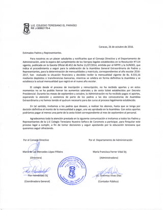 Carta Administración Colegio Teresiano El Paraíso