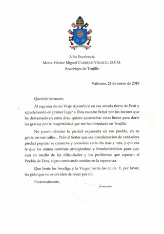 La carta de agradecimiento del Papa Francisco para Trujillo. 