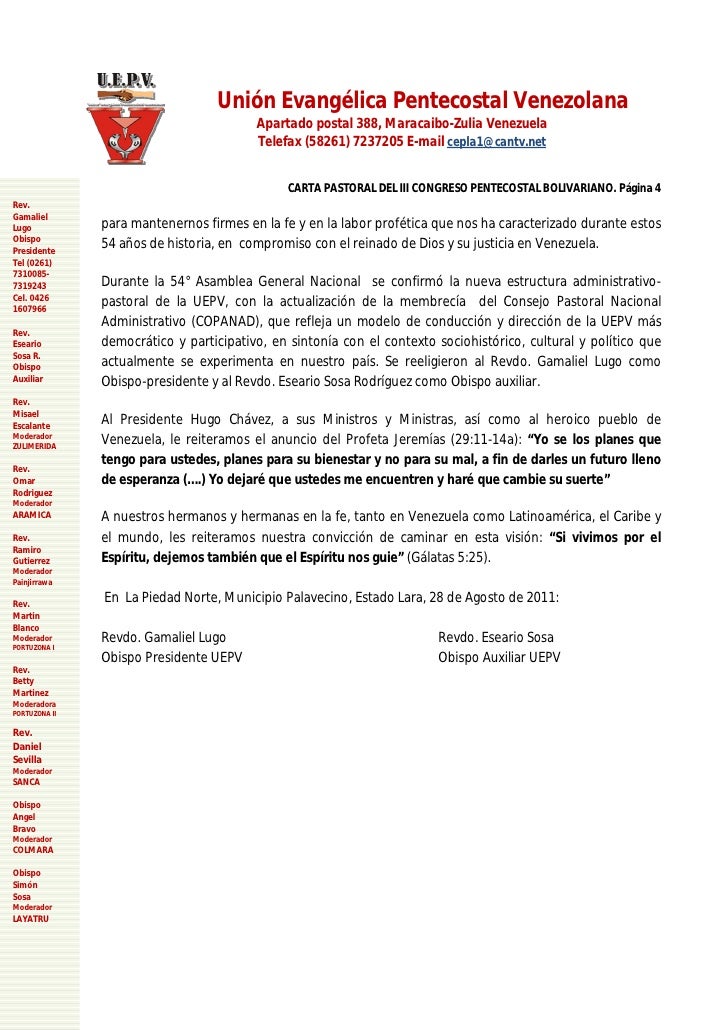 Carta pastoral iii congreso pentecostal bolivariano