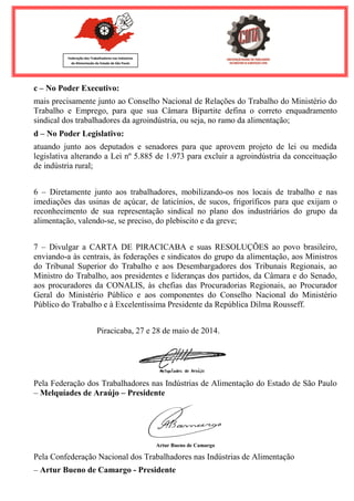 Federação dos Trabalhadores nas Indústrias 
de Alimentação do Estado de São Paulo 
c – No Poder Executivo: mais precisamente junto ao Conselho Nacional de Relações do Trabalho do Ministério do Trabalho e Emprego, para que sua Câmara Bipartite defina o correto enquadramento sindical dos trabalhadores da agroindústria, ou seja, no ramo da alimentação; d – No Poder Legislativo: atuando junto aos deputados e senadores para que aprovem projeto de lei ou medida legislativa alterando a Lei nº 5.885 de 1.973 para excluir a agroindústria da conceituação de indústria rural; 6 – Diretamente junto aos trabalhadores, mobilizando-os nos locais de trabalho e nas imediações das usinas de açúcar, de laticínios, de sucos, frigoríficos para que exijam o reconhecimento de sua representação sindical no plano dos industriários do grupo da alimentação, valendo-se, se preciso, do plebiscito e da greve; 7 – Divulgar a CARTA DE PIRACICABA e suas RESOLUÇÕES ao povo brasileiro, enviando-a às centrais, às federações e sindicatos do grupo da alimentação, aos Ministros do Tribunal Superior do Trabalho e aos Desembargadores dos Tribunais Regionais, ao Ministro do Trabalho, aos presidentes e lideranças dos partidos, da Câmara e do Senado, aos procuradores da CONALIS, às chefias das Procuradorias Regionais, ao Procurador Geral do Ministério Público e aos componentes do Conselho Nacional do Ministério Público do Trabalho e à Excelentíssima Presidente da República Dilma Rousseff. Piracicaba, 27 e 28 de maio de 2014. 
Pela Federação dos Trabalhadores nas Indústrias de Alimentação do Estado de São Paulo – Melquíades de Araújo – Presidente Artur Bueno de Camargo Pela Confederação Nacional dos Trabalhadores nas Indústrias de Alimentação 
– Artur Bueno de Camargo - Presidente 
