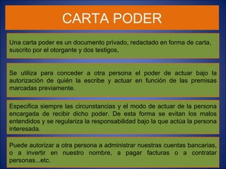 CARTA PODER Se utiliza para conceder a otra persona el poder de actuar bajo la autorización de quién la escribe y actuar en función de las premisas marcadas previamente. Especifica siempre las circunstancias y el modo de actuar de la persona encargada de recibir dicho poder. De esta forma se evitan los malos entendidos y se regulariza la responsabilidad bajo la que actúa la persona interesada. Puede autorizar a otra persona a administrar nuestras cuentas bancarias, o a invertir en nuestro nombre, a pagar facturas o a contratar personas...etc.  Una carta poder es un documento privado, redactado en forma de carta, suscrito por el otorgante y dos testigos, 