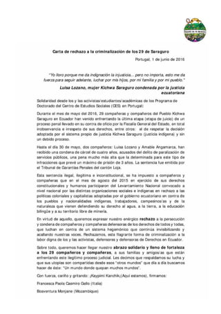 Carta de rechazo a la Criminalización de los 29 de Saraguro - Portugal