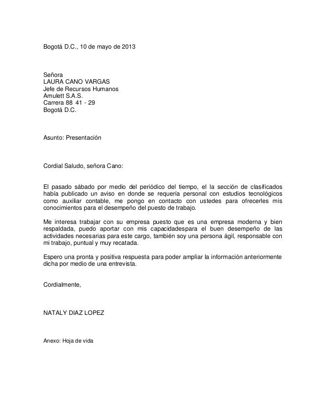 Carta de presentación Auxiliar Contable