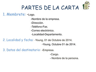 PARTES DE LA CARTA 
1. Membrete: -Logo. 
-Nombre de la empresa. 
-Dirección. 
-Teléfono-Fax. 
-Correo electrónico. 
-Localidad-Departamento. 
2. Localidad y fecha: -Young, 01 de Octubre de 2014. 
-Young, Octubre 01 de 2014. 
3. Datos del destinatario: -Empresa. 
-Cargo. 
- Nombre de la persona. 
 