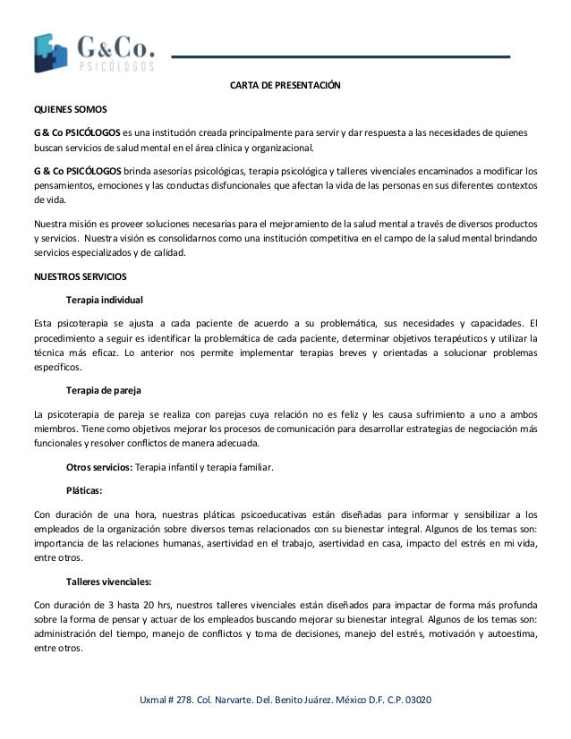 Carta de presentación G & Co. Psicólogos.