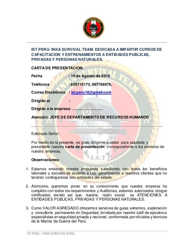 CARTA DE PRESENTACIÓN IST PERU - INKA SURVIVAL TEAM