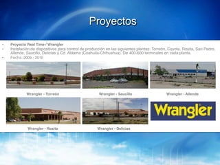 Proyectos!
•    Proyecto Real Time / Wrangler!
•    Instalación de red de terminales para control de producción, en las siguientes plantas: Torreón, Coyote, Rosita, San
     Pedro, Allende, Saucillo, Delicias y Cd. Aldama (Coahuila-Chihuahua). De 520-600 terminales en cada planta.!
•    Fecha: 2009 - 2010!




              Wrangler - Torreón!                      Wrangler - Saucillo!                  Wrangler - Allende!




              Wrangler - Rosita!                      Wrangler - Delicias!
 