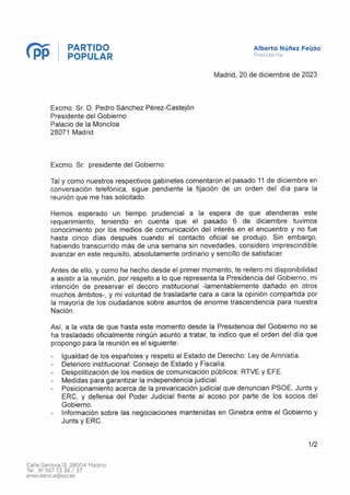 Carta de Feijóo al presidente Sánchez
