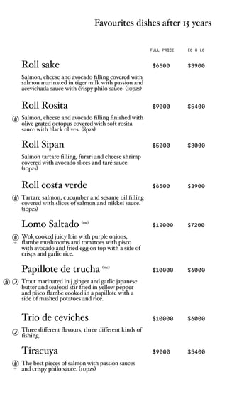 FULL PRICE EC O LC
opc.
opc.
Roll sake $6500 $3900
Salmon, cheese and avocado filling covered with
salmon marinated in tiger milk with passion and
acevichada sauce with crispy philo sauce. (10pzs)
Roll Rosita $9000 $5400
Salmon, cheese and avocado filling finished with
olive grated octopus covered with soft rosita
sauce with black olives. (8pzs)
Roll Sipan $5000 $3000
Salmon tartare filling, furari and cheese shrimp
covered with avocado slices and tar sauce.
(10pzs)
Roll costa verde $6500 $3900
Tartare salmon, cucumber and sesame oil filling
covered with slices of salmon and nikkei sauce.
(10pzs)
Lomo Saltado (mc)
$12000 $7200
Wok cooked juicy loin with purple onions,
flambe mushrooms and tomatoes with pisco
with avocado and fried egg on top with a side of
crisps and garlic rice.
Papillote de trucha (mc)
$10000 $6000
Trout marinated in j ginger and garlic japanese
butter and seafood stir fried in yellow pepper
and pisco flambe cooked in a papillote with a
side of mashed potatoes and rice.
Trio de ceviches $10000 $6000
Three different flavours, three different kinds of
fishing.
Tiracuya $9000 $5400
The best pieces of salmon with passion sauces
and crispy philo sauce. (10pzs)
Favourites dishes after 15 years
 