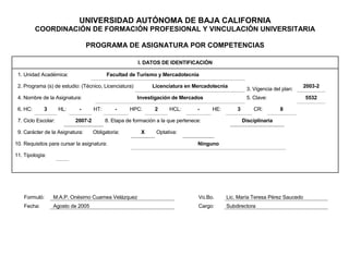 UNIVERSIDAD AUTÓNOMA DE BAJA CALIFORNIA<br />COORDINACIÓN DE FORMACIÓN PROFESIONAL Y VINCULACIÓN UNIVERSITARIA<br />PROGRAMA DE ASIGNATURA POR COMPETENCIAS<br />I. DATOS DE IDENTIFICACIÓN   1. Unidad Académica:Facultad de Turismo y Mercadotecnia   2. Programa (s) de estudio: (Técnico, Licenciatura)Licenciatura en Mercadotecnia3. Vigencia del plan:5. Clave:2003-2    4. Nombre de la Asignatura:Investigación de Mercados5532   6. HC:3HL:-HT:-HPC:2HCL:-HE:3CR:8    7. Ciclo Escolar:2007-28. Etapa de formación a la que pertenece:Disciplinaria   9. Carácter de la Asignatura:Obligatoria:X Optativa: 10. Requisitos para cursar la asignatura:Ninguno  11. Tipología: <br />Formuló: M.A.P. Onésimo Cuamea VelázquezVo.Bo.Lic. María Teresa Pérez SaucedoFecha: Agosto de 2005Cargo:Subdirectora<br />II. PROPÓSITO GENERAL DEL CURSOUtilizar las herramientas para la correcta aplicación de las diferentes técnicas de investigación de mercados.<br />III. COMPETENCIAS DEL CURSODiseñar una propuesta para una investigación de mercados utilizando los procedimientos y técnicas necesarias para que mediante el trabajo en equipo obtenga la información, enfatice el análisis cuantitativo y cualitativo para resolver un problema de mercadotecnia planteado, basado en rigor metodológico y la maximización de los recursos de la organización.<br />IV. EVIDENCIAS DE DESEMPEÑO Diseñar una propuesta de investigación de mercados por escrito.Presentación audiovisual del resultado de una investigación de mercadosEn ambos casos deberán de contener las etapas del proceso metodológico de la investigación de mercados. <br />V. DESARROLLO POR UNIDADESCOMPETENCIA: Analizar los fundamentos de la investigación de mercados, así como su diferentes tipos y formas. CONTENIDO                                                                                                                                                                                 DURACIÓNQué abarca la investigación de mercados.                                                                                                                         10 horasNaturaleza, clasificación y definición  de la investigación de mercados.Proveedores y servicios de la investigación de mercados.El proceso de la investigación de mercados.<br />V. DESARROLLO POR UNIDADESCOMPETENCIA: Analizar los fundamentos de la investigación de mercados, así como su diferentes tipos y formas. CONTENIDO                                                                                                                                                                                 DURACIÓN2.1 Definición del problema de investigación de mercados y el desarrollo de una propuesta.                                 10 horas2.2 Proceso de definición del problema y desarrollo de un planteamiento. 2.3 Componentes del planteamiento del problema.2.4 Preguntas de investigación.2.5 Formulación del diseño de la investigación.2.6 Investigación exploratoria.2.7 Investigación descriptiva.           2.7.1 Diseños de estudios transversales.           2.7.2 Diseños longitudinales.2.8 Investigación causal.2.9 Fuentes potenciales de error. <br />V. DESARROLLO POR UNIDADESCOMPETENCIA: Analizar los fundamentos de la investigación de mercados, así como su diferentes tipos y formas.                     CONTENIDO                                                                                                                                                          DURACIÓN3.1 Investigación exploratoria.                                                                                                                                12 HORAS                                                                                                                      3.1.1 Datos primarios y secundarios.      3.1.2 Fuentes de datos.3.2 Investigación cualitativa.      3.2.1 Sesiones de grupo.      3.2.2 Entrevistas de profundidad.      3.2.3 Técnicas de proyección.3.3 Investigación descriptiva.      3.3.1 Encuesta y observación.      3.3.2 Métodos de encuesta.      3.3.3 Métodos de observación.3.4 Investigación en mercados internacionales4.1 Investigación causal.3.5 Investigación causal    3.5.1 Experimentación.    3.5.2 Variación de los diseños experimentales.    3.5.3 Clasificación de los diseños experimentales. 3.6 Pruebas de mercado. <br />V. DESARROLLO POR UNIDADESCOMPETENCIA: Analizar los fundamentos de la investigación de mercados, así como su diferentes tipos y formas.                               CONTENIDO                                                                                                                                                                                 DURACIÓN 4.1 Escalas comparativas.                                                                                                                                                              10 Horas                                                                                                         4.1.1 Escala nominal, ordinal, de intervalos, de relación.       4.1.2 Escala de comparación apareada, de orden de clasificación, de suma de constantes, clasificación Q. 4.2 Escalas no comparativas.        4.2.1 De clasificación continua, de Likert, de diferencial semántico, de Stapel.4.3 Escalas de partidas múltiples.<br />V. DESARROLLO POR UNIDADESCOMPETENCIA: Diseñar una propuesta para una investigación de mercados utilizando los procedimientos y técnicas adecuados.               CONTENIDO                                                                                                                                                                                 DURACIÓN5.1 Diseño de cuestionarios.                                                                                                                                               6 Horas5.2 Proceso del diseño de cuestionarios.5.3 Método para determinar el tipo de entrevista. <br />VI. ESTRUCTURA DE LAS PRÁCTICAS.<br />No. dePrácticaCompetencia(s)DescripciónMaterial de apoyoDuración1Diseñar el proceso para el trabajo con focus group o sesiones de grupo.Elaboración del guión para llevar a cabo la entrevista y en su caso aplicarla para detectar posibles oportunidades de mejora.Sala de usos múltiples.Hojas, computadora, videograbadora.8 Hrs.2Utilizar técnicas de observación como elementos de la investigación de mercados. Elaborar un informe de una observación realizada a consumidores en puntos específicos dados por el maestro.Cámara fotográfica, computadora, hojas, sala de usos múltiples.8 Hrs.3Realizar una investigación tomando como referencia fuentes secundarias.Analizar algún tipo de fuente secundaria para realizar una investigación, los resultados deberán ser presentados al grupo.Directorios telefónicos, bases de datos, etc.8 Hrs.4Elaborar y aplicar un diseño de encuesta que deberá ser presentado al finalizar el curso.Participar en el diseño, prueba y aplicación de una encuesta en la que se tomen elementos tratados en clase.Hojas, computadora, cañón para proyección, etc.8 Hrs.<br />VII. METODOLOGÍA DE TRABAJOLos alumnos deberán de participar en las actividades realizadas dentro del grupo y colaborar con el maestro en la realización de las actividades prácticas, se formarán equipos de investigación y trabajo.<br />VIII CRITERIOS DE EVALUACIÓN            Participación en las actividades prácticas 40%Entrega del reporte de investigación 40%Asistencia   20%<br />IX BIBLIOGRAFÍABásicaComplementariaMalhotra, Naresh K., 1997, Investigación de Mercados “Un enfoque práctico” Editorial Prentice Hall, 1997, México.Fischer, Laura, Navarro, Alma, 1993, Introducción a la investigación de mercados, Mcgraw Hill, México.Hernández Sampieri, Roberto, Fernández Collado, Carlos, Baptista Lucio, Pilar, 1998, Metodología de la Investigación, McGraw Hill, México.<br />