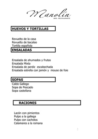 Carta Raciones Restaurante Manolin Valladolid capital mejores ...
