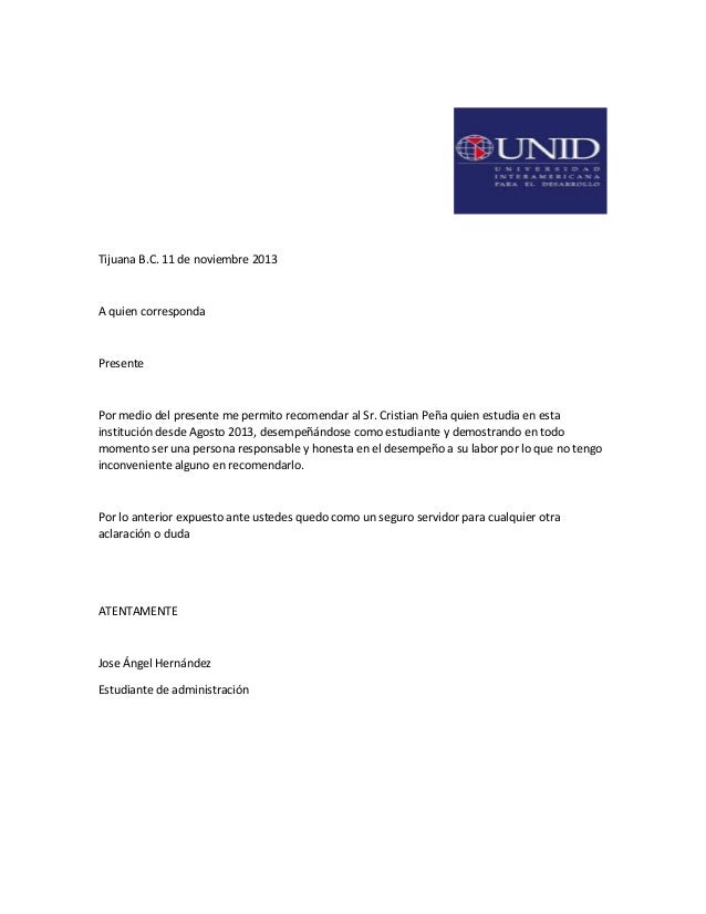 carta de recomendacion para estudiante