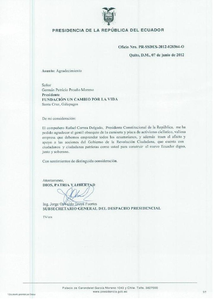 Carta Agradecimiento a FUNCAVID del Presidente Rafael Correa