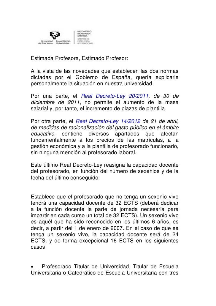 Carta rector universidad pais vasco Real Decreto