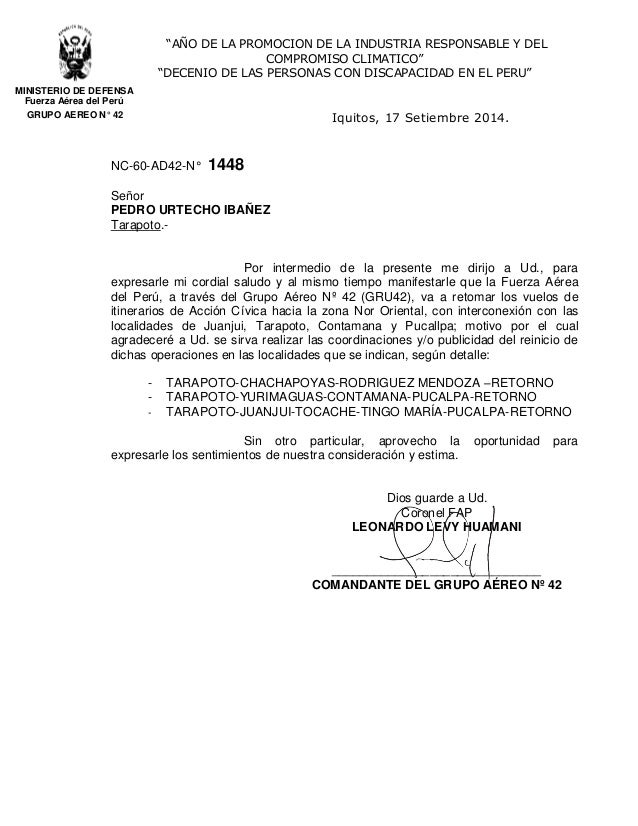 Carta reinicio vuelos a Chachapoyas 2014