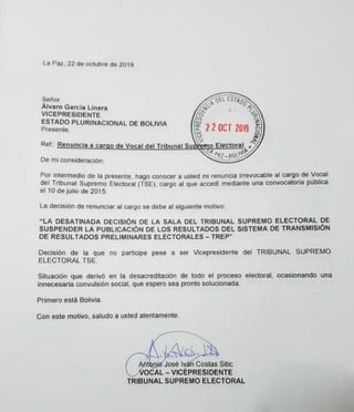 Carta de renuncia de Antonio Costas