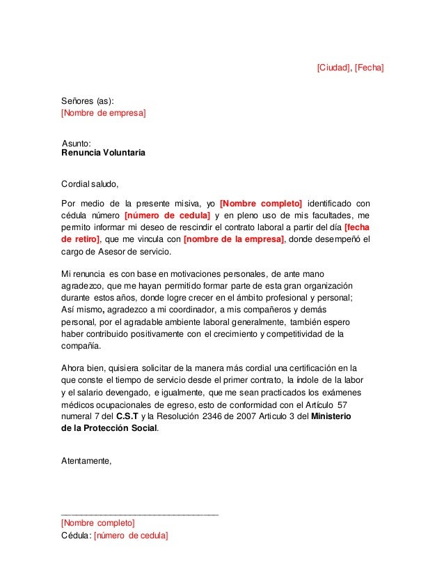 Carta renuncia colombia
