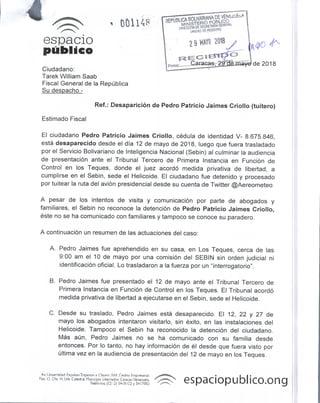 Cartas a Defensor del Pueblo y Fiscal General. Caso Pedro Patricio Jaimes Criollo 