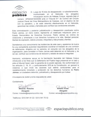 Cartas a Defensor del Pueblo y Fiscal General. Caso Pedro Patricio Jaimes Criollo 