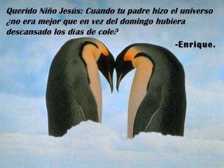 Querido Niño Jesús: Cuando tu padre hizo el universo ¿no era mejor que en vez del domingo hubiera descansado los días de cole? -Enrique. 
