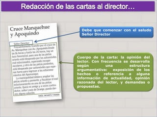 Haga clic para cambiar el estilo
de título
• Haga clic para modificar el estilo de texto
del patrón
– Segundo nivel
• Tercer nivel
– Cuarto nivel
» Quinto nivel
7
Haga clic para cambiar el estilo
de título
• Haga clic para modificar el estilo de texto
del patrón
– Segundo nivel
• Tercer nivel
– Cuarto nivel
» Quinto nivel
7
Debe que comenzar con el saludo
Señor Director
Cuerpo de la carta: la opinión del
lector. Con frecuencia se desarrolla
según una estructura
argumentativa: exposición de los
hechos o referencia a alguna
información de actualidad, opinión
razonada del lector, y demandas o
propuestas.
 