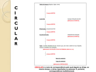 C
I
R
C
U
L
A
R

CIRCULAR é o meio de correspondência pelo qual alguém se dirige, ao
mesmo tempo, a várias repartições ou pessoas. É, portanto,
correspondência multidirecional.

 