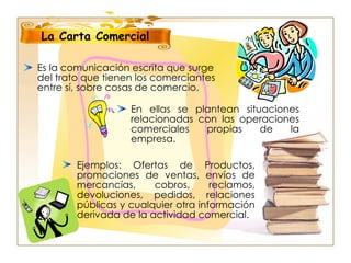 Es la comunicación escrita que surge del trato que tienen los comerciantes entre sí, sobre cosas de comercio. En ellas se plantean situaciones relacionadas con las operaciones comerciales propias de la empresa. La Carta Comercial Ejemplos: Ofertas de Productos, promociones de ventas, envíos de mercancías, cobros, reclamos, devoluciones, pedidos, relaciones públicas y cualquier otra información derivada de la actividad comercial. 