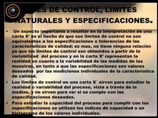LIMITES DE CONTROL, LIMITES 
NATURALES Y ESPECIFICACIONES. 
• Un aspecto importante a resaltar en la interpretación de una 
carta X’ es el hecho de que sus limites de control no son 
equivalentes a las especificaciones o tolerancias de las 
características de calidad; es mas, no tiene ninguna relación 
ya que los limites de control son obtenidos a partir de la 
variabilidad del proceso y en la carta X’ representan la 
realidad en cuanto a la variabilidad de las medidas de las 
muestras, en tanto a que las especificaciones son valores 
deseados por las mediciones individuales de la característica 
de calidad. 
• Los limites de control en una carta X´ sirven para estudiar la 
realidad o variabilidad del proceso, vista a través de la 
medias, y no sirven para ver si se cumple con las 
especificaciones deseadas. 
• Para estudiar la capacidad del proceso para cumplir con las 
especificaciones se utilizan los índices de capacidad o un 
histograma de los valores individuales. 
 